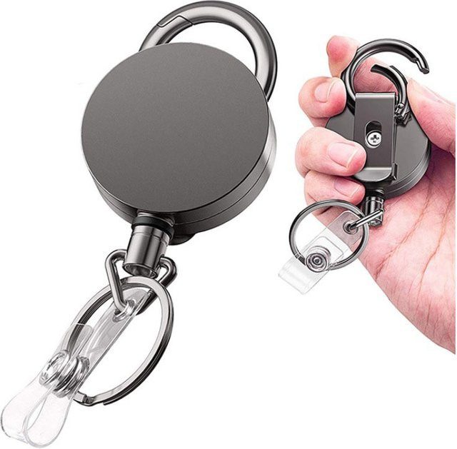 Ausziehbarer Metall-Kartenhalter mit Schlüsselring-Clip und Gürtelrolle in Schwarz - Bild 1