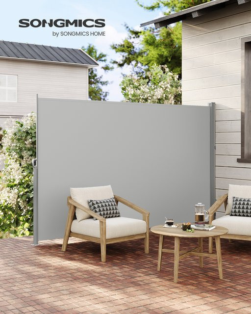 SONGMICS Seitenmarkise aus Stahl in Hellgrau, ausziehbarer Sichtschutz und Sonnenschutz für Balkon, Terrasse oder Garten, B: 350 cm, H: 160 cm - Bild 1