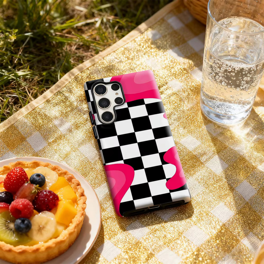 Handyhülle für Samsung Galaxy S25 Ultra, S24 und S23 Ultra Plus in Rosa-Schwarz kariert mit glänzender doppellagiger Rückseite - Bild 5