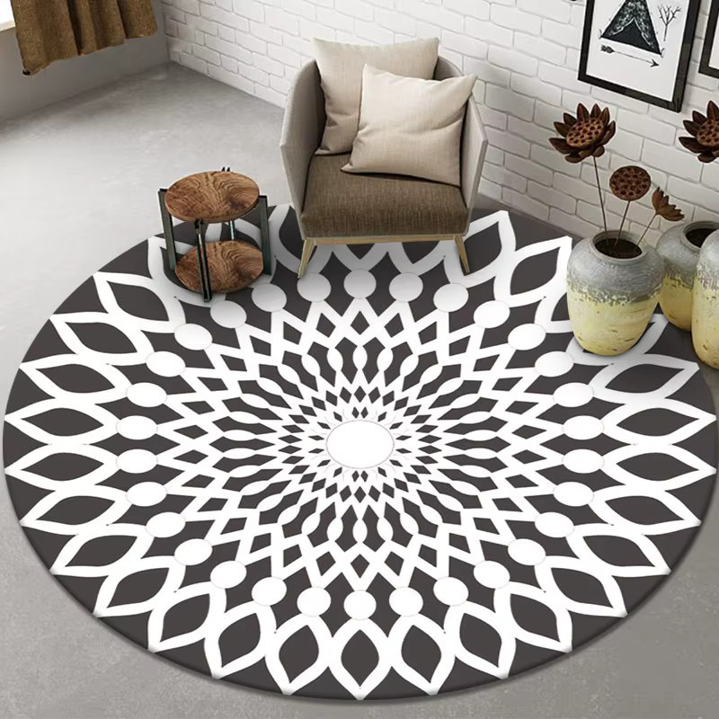 Runder Teppich mit geometrischem Muster in Schwarz-Weiß, modern und rutschfest für Wohnzimmer und Schlafzimmer - Bild 2