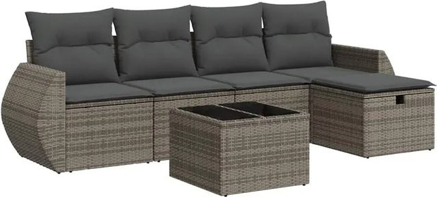 vidaXL Garten-Sofagarnitur aus Polyrattan in Grau mit Kissen und Couchtisch, 6-teiliges L-Shape Set für Garten und Terrasse - Bild 1
