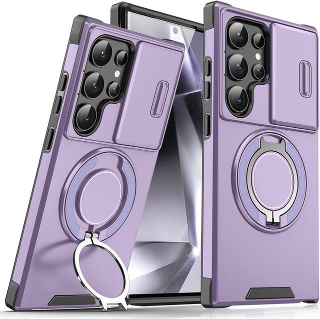 Magnetische Schutzhülle mit schiebbarem Kameraobjektivschutz und Ring-Ständer für Samsung Galaxy S24 S23 S22 S25 S26 Ultra Plus FE in Violett - Bild 1