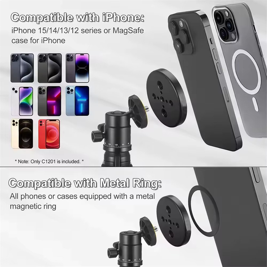 FANGTUOSI Magnetischer Smartphone-Halter in Schwarz mit 360 Grad Rotation und 1/4 Zoll sowie 3/8 Zoll Arri-Locating Holes Stativhalterung - Bild 2