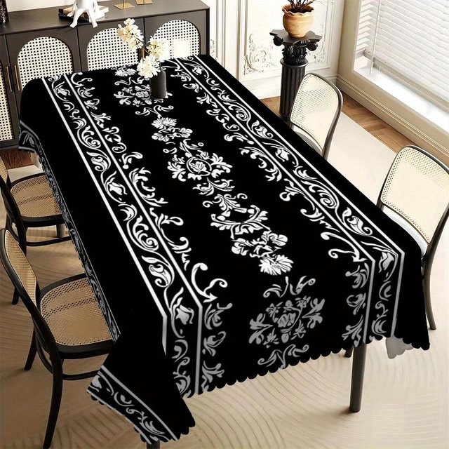 Schmutzabweisende Tischdecke von JMG Household Supplies mit floralem Rankenmuster in Schwarz-Weiß, rechteckig, B/T: 160 x 220 cm - Bild 1
