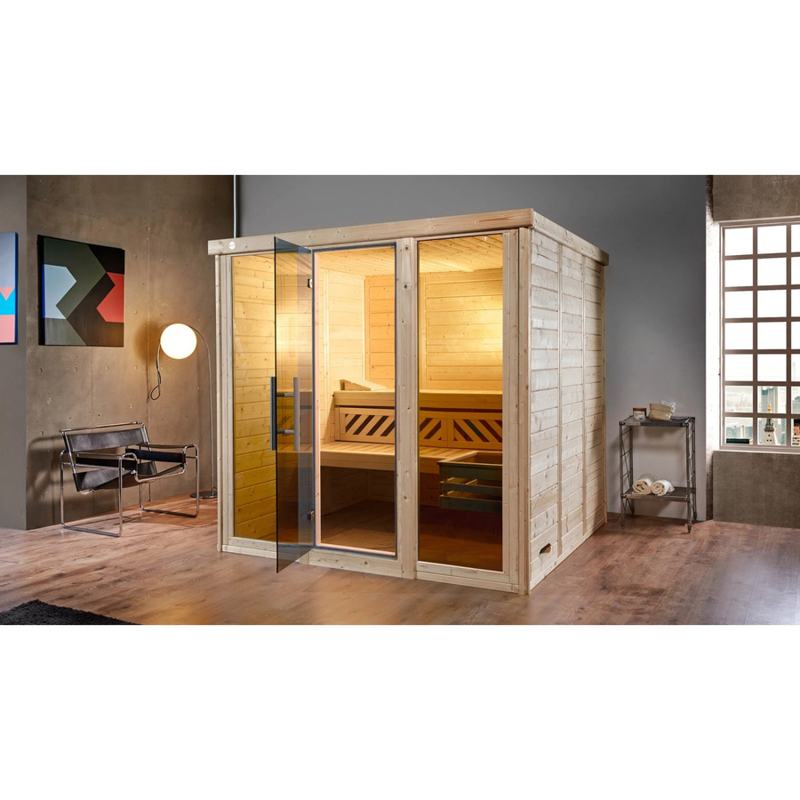 Weka Massivholzelementsauna Kemi Panorama 3 in Braun mit 7,5 kW Sparset, Glastür und Fenstern - Bild 2