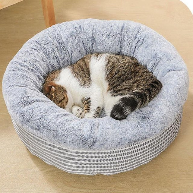 Weiches Höhlenbett für Katzen und Hunde aus Bio-Baumwolle und Plüsch-Sherpa in Grau mit rutschfester Unterseite - Bild 1