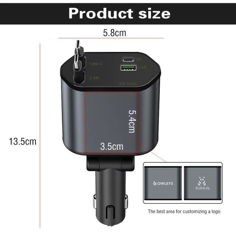 4-in-1 Mini Autoladegerät mit einziehbarem USB-C Schnellladekabel in Schwarz - Bild 6