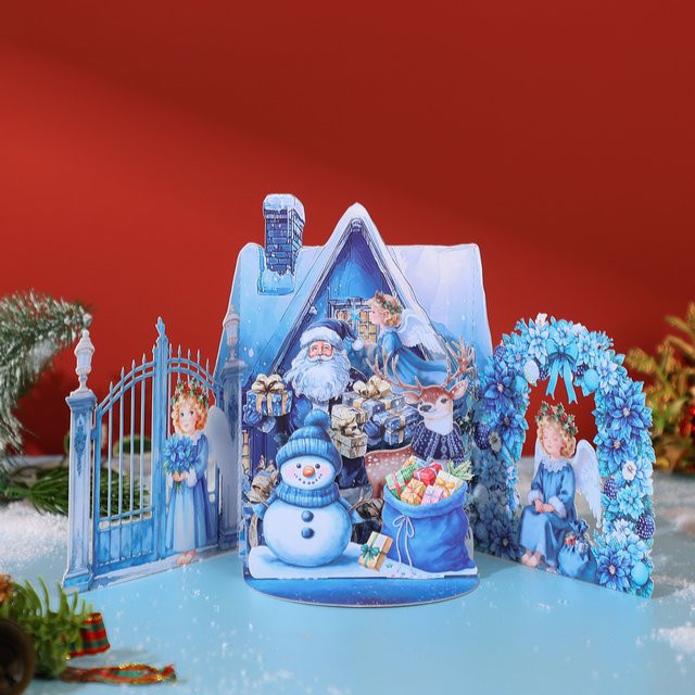 Opjoys 3D-Pop-up-Weihnachtskarten mit festlicher Heimszene in Blau aus Papier - Bild 1