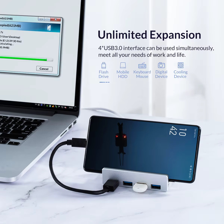 Kebidumei 6-in-1 USB 3.0 Hub Black Clip Dock mit 5 Gbit/s, Aluminiumlegierung, externer Multi-USB-Splitter-Adapter für Laptop und Desktop mit TF-Kartenslot, Schwarz - Bild 3