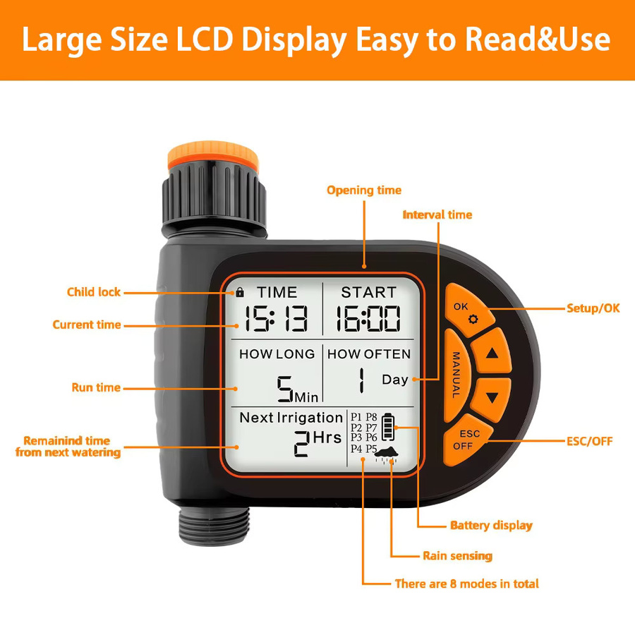 Smart Garten Bewässerung Set mit 20m Schlauch, IPX5 wasserdichter Timer Controller mit LCD-Display und Regensensor, Schwarz - Bild 4