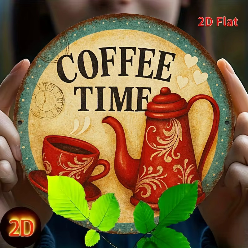 Potdemiel Vintage Coffee Time Metallschild, runde Aluminium-Wanddekoration im rustikalen Design, Durchmesser: 20,32 cm, Mehrfarbig - Bild 5