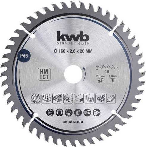 KWB Kreissägeblatt für Holz und Kunststoff, Carbide Tipped, Silber, Durchmesser: 160 mm, Bohrung: 16 mm - Bild 1
