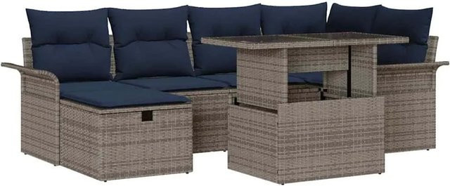 vidaXL Garten-Sofa-Set in L-Form aus Poly-Rattan mit 7-teiligem Set inklusive Kissen und integriertem Stauraum in Grau und Blau - Bild 1