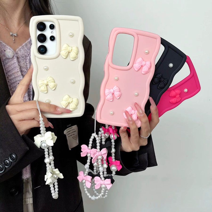 Handyhülle mit Schleifenknoten und Perlenkette für Samsung Galaxy S26 Ultra S25 Plus S24 S23 S22 S21 FE in Schwarz - Bild 5