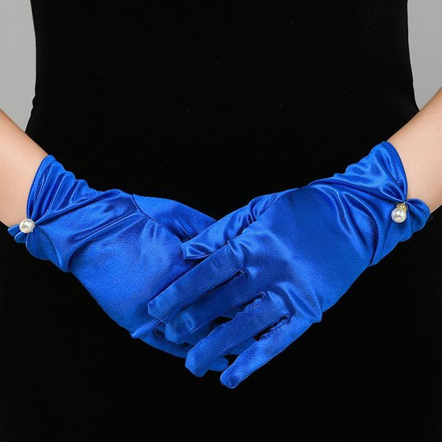 YIRAN Handschuhe Damen, Satin, Perlen, blau, One Size - Bild 1