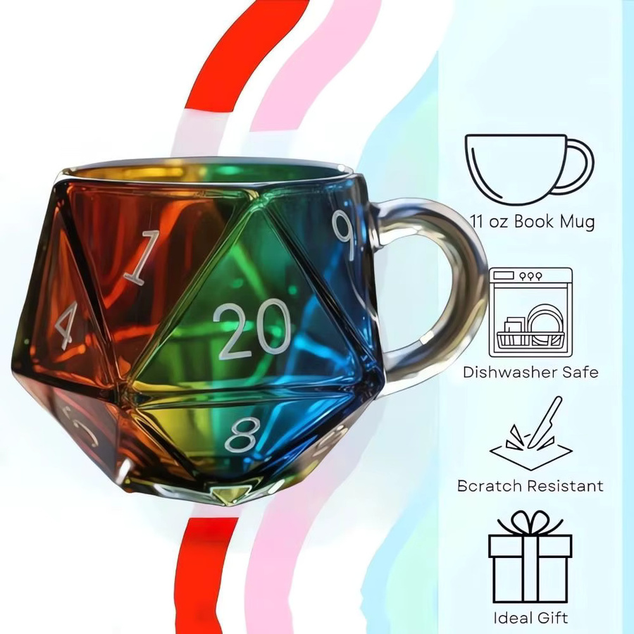 KECTTIO Regenbogen Glasbecher in geometrischer D20-Würfelform mit Griff, transparenter polyedrischer Kaffeetasse in Multicolour und Blau - Bild 4