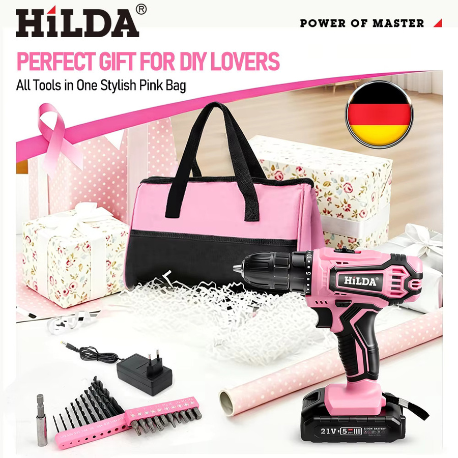 HILDA Akku-Bohrschrauber in Pink mit 21V und wiederaufladbarem Akku inklusive Werkzeugtasche - Bild 2