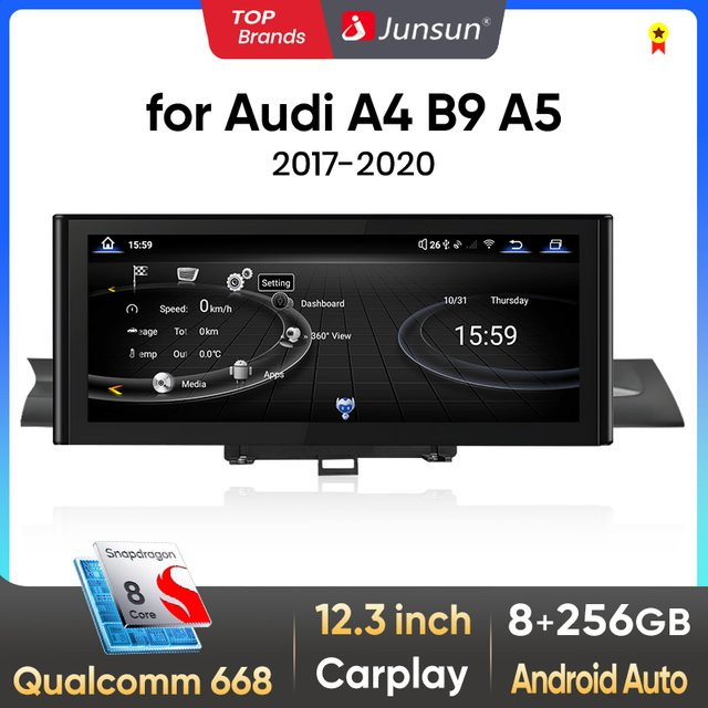 Junsun Wireless CarPlay und Android Auto Autoradio mit Qualcomm Snapdragon 668 für Audi A4 B5 B9 und A5 2017–2020 in Schwarz - Bild 1