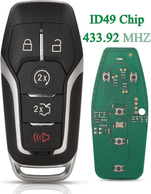 Jingyuqin Smart Remote Auto Schlüssel Fernbedienung mit ID49 Chip und 5 Tasten für Ford Fusion, Explorer, Rand Mustang in Schwarz, 433,92 MHz - Bild 1
