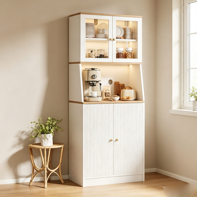 Simurq Küchenschrank in Weiß mit Arbeitsplatte, Glastüren und offenen Regalfächern für Küche, Wohnzimmer oder Esszimmer - Bild 1