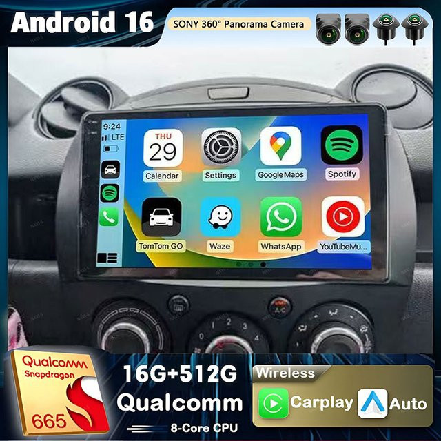 RSNAVI Android 16 Multimedia Autoradio mit Qualcomm Prozessor für Mazda 2 (Baujahre 2007 bis 2014) in Schwarz mit Navigation, CarPlay, Bluetooth und Video-Funktion - Bild 1
