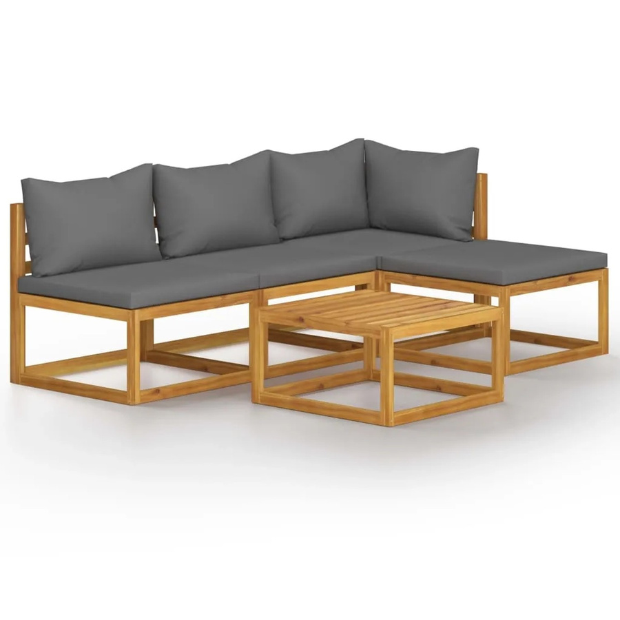 vidaXL 5-tlg. Garten-Lounge-Set aus massivem Akazienholz mit grauen Polstern in L-Form - Bild 2
