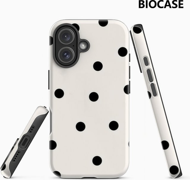 Handyhülle mit unregelmäßigen schwarzen Polka Dots für Apple iPhone 17 16 15 14 13 12 Pro Max Plus in Schwarz-Weiß mit doppelschichtiger Rückseite - Bild 1