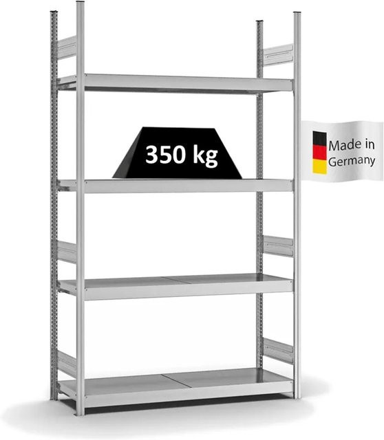 PROREGAL Weitspannregal Stecksystem T-Profil in Silber, verzinktes Grundregal mit 4 Ebenen aus Stahlplatten, H x B x T: 250 x 150 x 40 cm - Bild 1