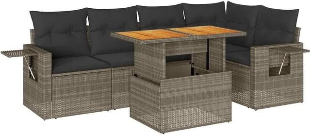 vidaXL 6-tlg Garten-Sofagarnitur in L-Form aus grauem PE-Rattan mit Kissen und Akazienholz - Bild 1
