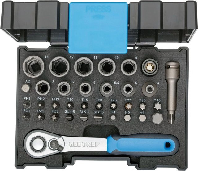 Gedore Bit-Steckschlüsselbox 666-U-20 mit Knarre 1/4 Zoll, 35-teilig, Schwarz-Blau - Bild 1
