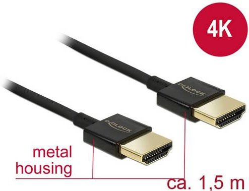 Delock HDMI Anschlusskabel 4K UHD mit Ethernet/LAN, vergoldete Steckkontakte, Schwarz, Länge: 1,50 m - Bild 1