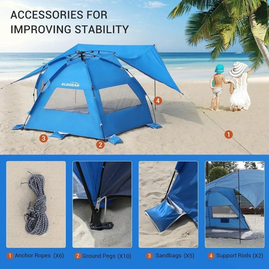 Elegear Pop-Up Strandzelt mit abnehmbarem 360° Baldachin und LSF 50+ für 4–6 Personen in Blau - Bild 4