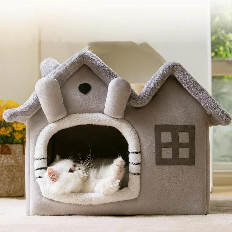 Faltbare Hundehütte von Yiran Furniture als warmes Haustierbett für kleine und mittelgroße Hunde und Katzen in Grau mit abnehmbarem Bezug aus Baumwolle und Korallenvlies - Bild 4