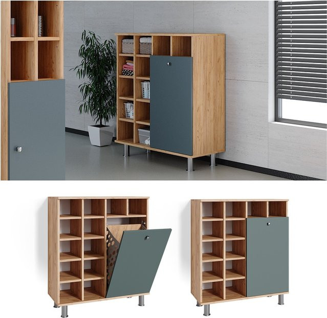 Vicco Wäscheschrank Fynn Badezimmerschrank in Eiche und Grün mit Wäschekorb - Bild 1