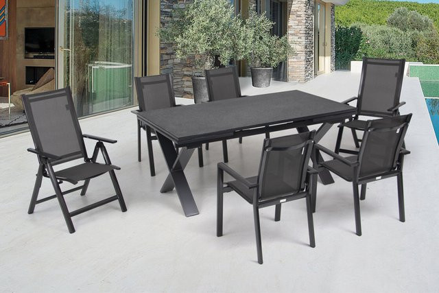 OUTFLEXX Garten-Essgruppe aus Aluminium und Keramik in Anthrazit mit ausziehbarem Tisch, 2 Klappstühlen und 4 Stapelsesseln aus Textil - Bild 1