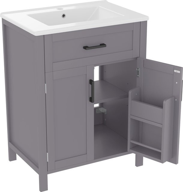 NK Space Freistehender Badezimmerschrank mit Waschbecken in Grau, modern mit Doppeltüren, Schubladen und verstellbaren Regalen, B/T/H: 60 x 46 x 84,8 cm - Bild 1