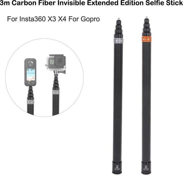 XIAORUBY Spirale Kohlefaser Selfie Stick für Insta360 X3, X4, ONE RS und GO 2 in Schwarz für Bullet Time und Panorama-Aufnahmen - Bild 1