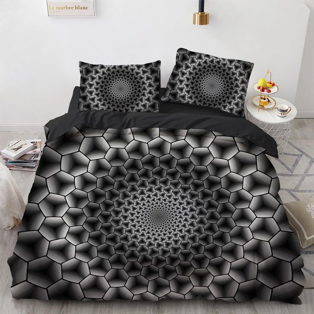 3D Waben King Queen Bettwäsche-Set aus Polyester mit psychedelischem abstraktem Design, Farbe: Schwarz, B/H: 135 x 200 cm - Bild 1