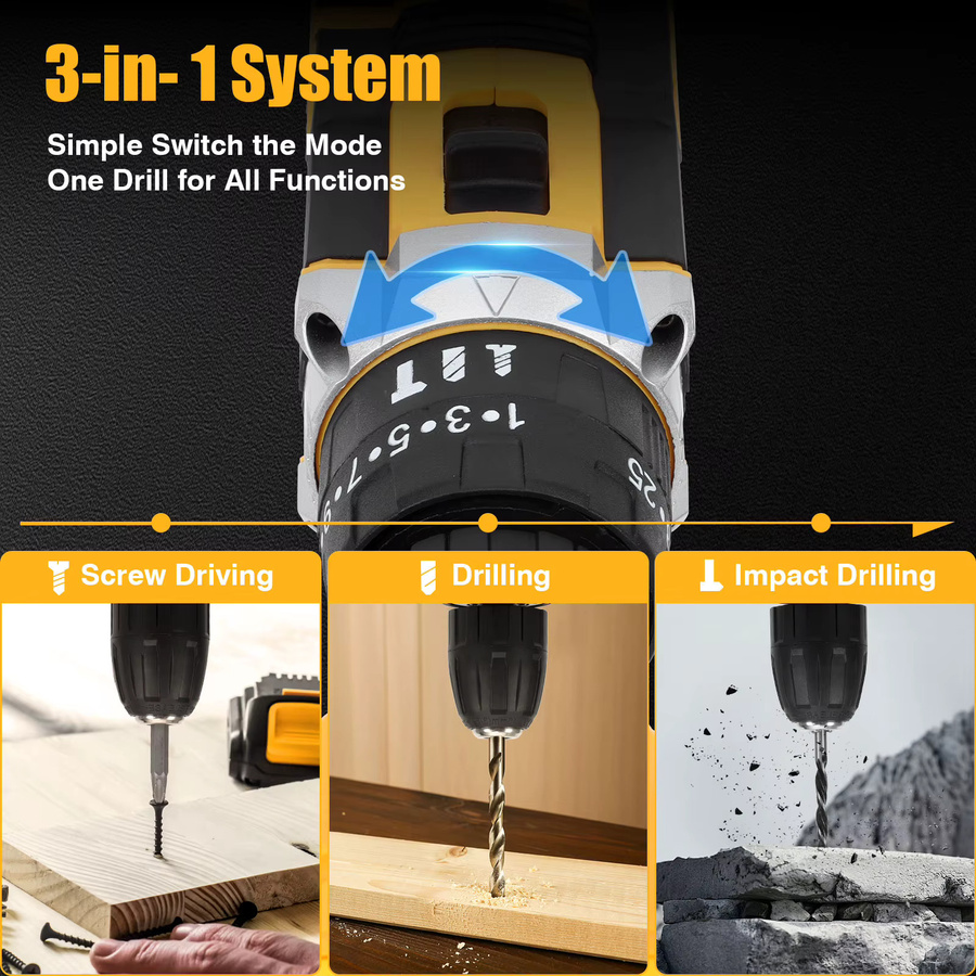 Jemi Tool 3-in-1 Akku-Schlagbohrschrauber-Set in Gelb für Automobil- und Haushaltsarbeiten - Bild 5