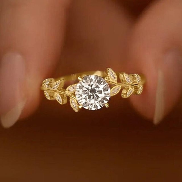 Huitan Ring, Blatt-Design, Gold, Zirkonia, Damen - Bild 1