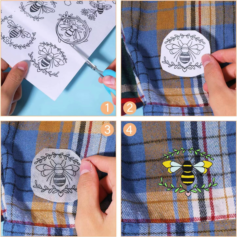 4-Blatt-Set Bienen- und Blumen-Stickerei-Stabilisator aus wasserlöslichem Selbstklebepapier in Weiß für Handstickerei und DIY-Bastelarbeiten - Bild 2