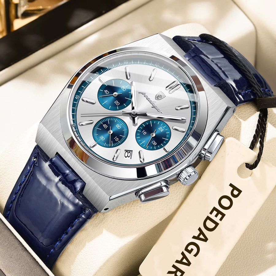 POEDAGAR Chronograph, Quarz, Leder, Silber, Herren - Bild 2