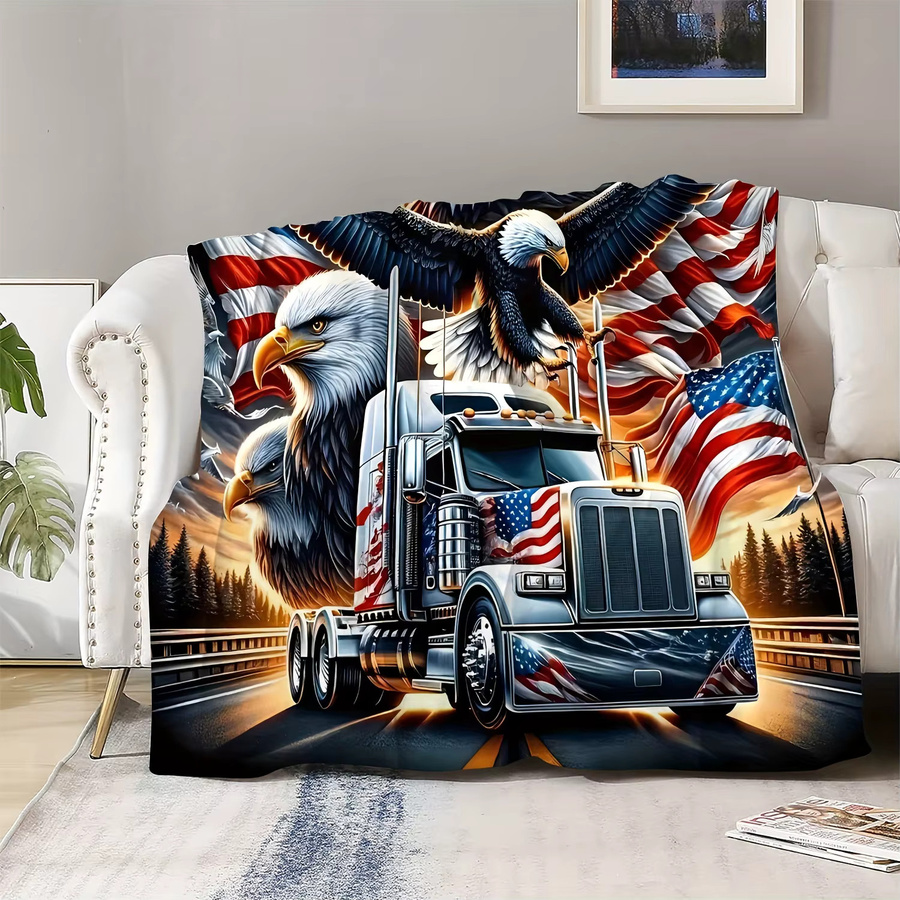 VIKAMA Retro-Flanell-Decke mit USA-Motiv, LKW und Weißkopfseeadler, Mehrfarbig - Bild 2