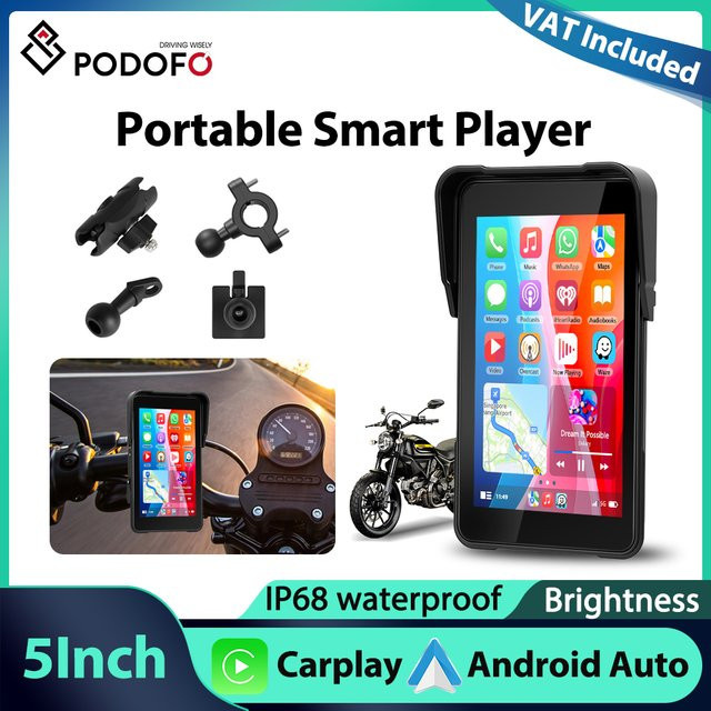 Podofo 5 Zoll Vertikaler Motorrad-Player mit Carplay und Android Auto Unterstützung, IP68 Wasserdicht mit Reifendrucküberwachung, Schwarz - Bild 1