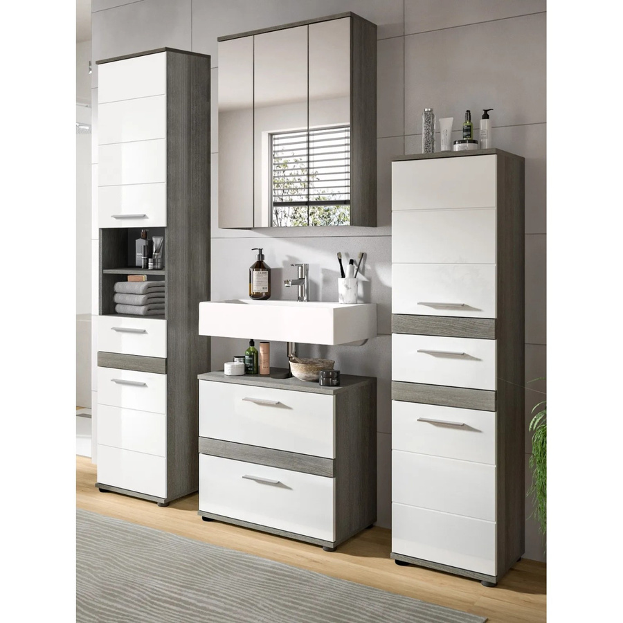 Inn.Furn Badmöbel-Set Bailey in Weiß Hochglanz und Grau, 4-teilig mit Spiegelschrank, Hochschrank, Midischrank und Waschbeckenunterschrank, Breite: 160 cm - Bild 2