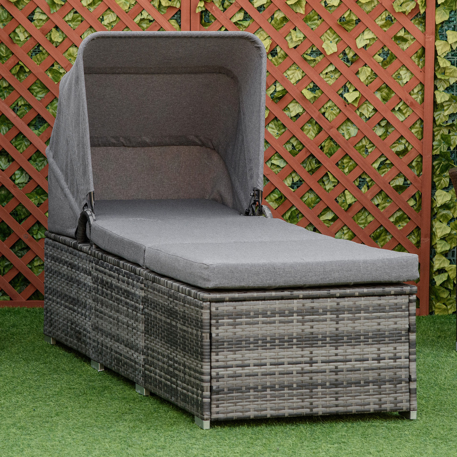 Outsunny Sonnenliege aus Polyrattan mit Sonnendach und Kissen in Grau, B/T/H: 195 x 65 x 40 cm - Bild 2