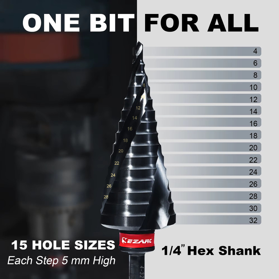 EZARC Stufenbohrer für Metall, 15-stufiger Kegelbohrer mit M35 Spiral-Schlitz und AlTiN-Beschichtung, 4-32mm - Bild 2