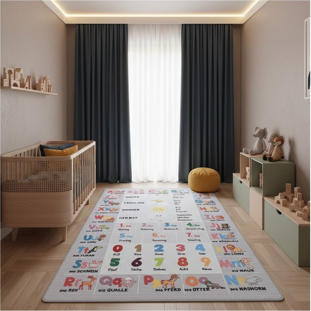 Kinderteppich TRAUN von Kadima Design mit Alphabet-Zahlen-Tiere-Motiv in Grau, B/T: 160 x 230 cm - Bild 1