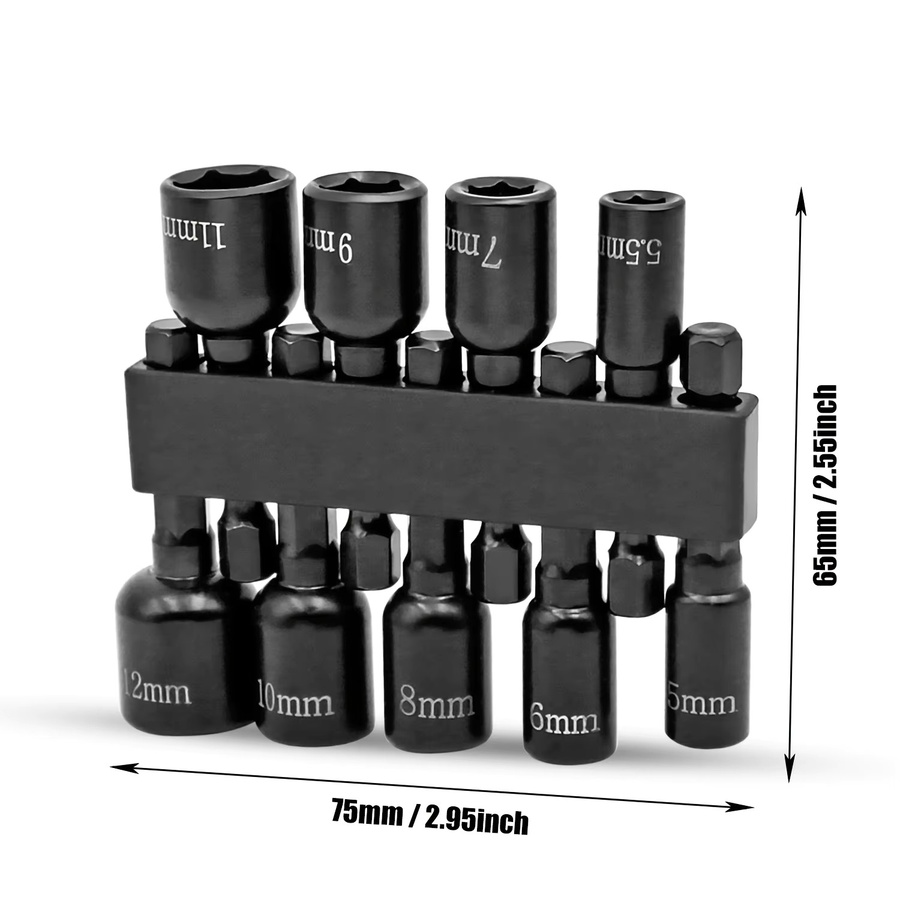 9-teiliges Power-Mutternreiber-Set mit metrischen Innensechskant-Bohrern und Bohrfutter-Adaptern, schwarzer Steckschlüsselsatz mit 1/4 Zoll Sechskantschaft - Bild 6
