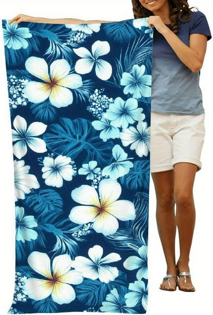 JMG Household Supplies Hibiskus Strandtuch für Erwachsene, blaues Blumenmuster, schnelltrocknendes Mikrofaser Handtuch, Breite: 70 cm, Länge: 140 cm - Bild 1